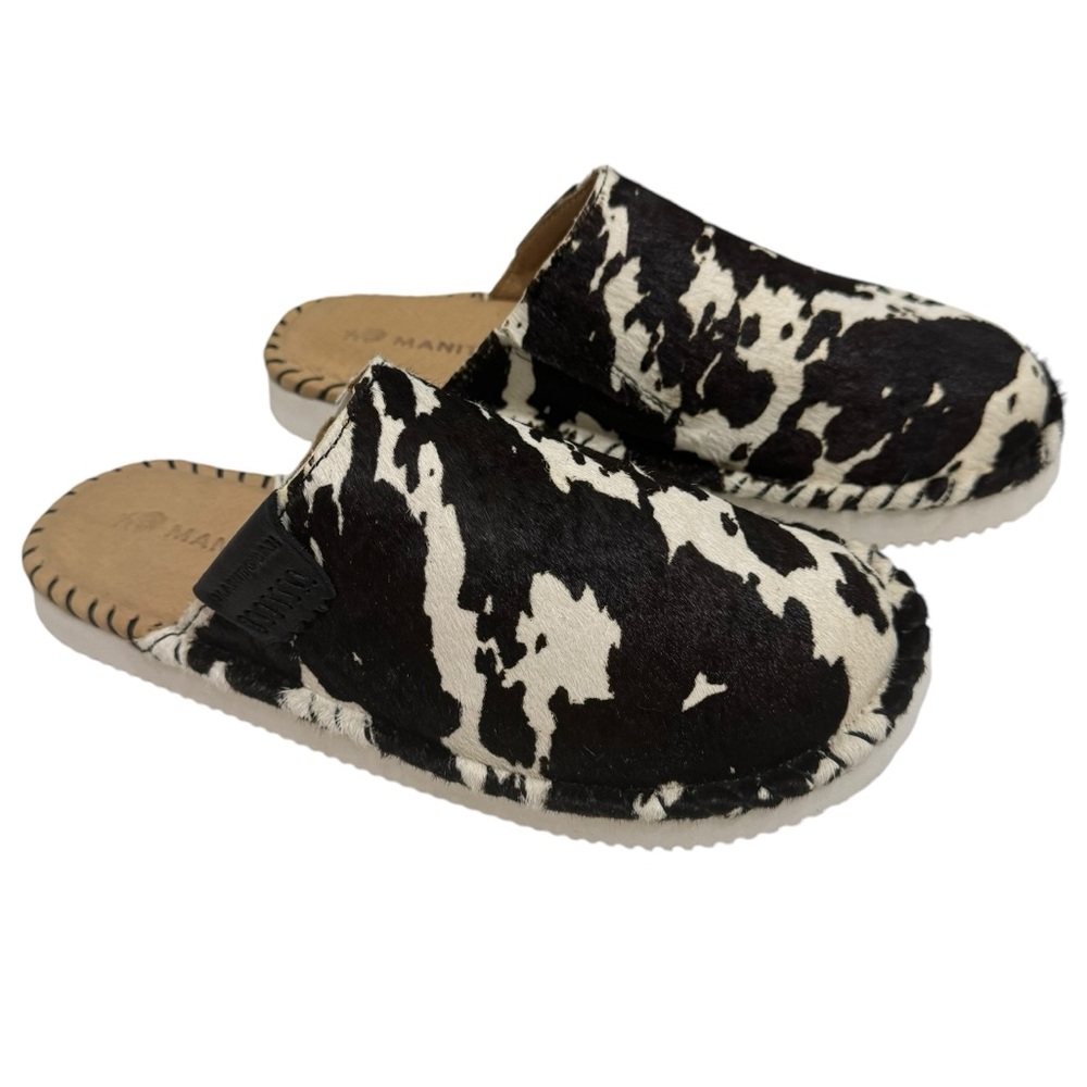 Manitobah Berry Clog Pony Hair Mules Black White Spotted Cow Leather Slide Sz 7
